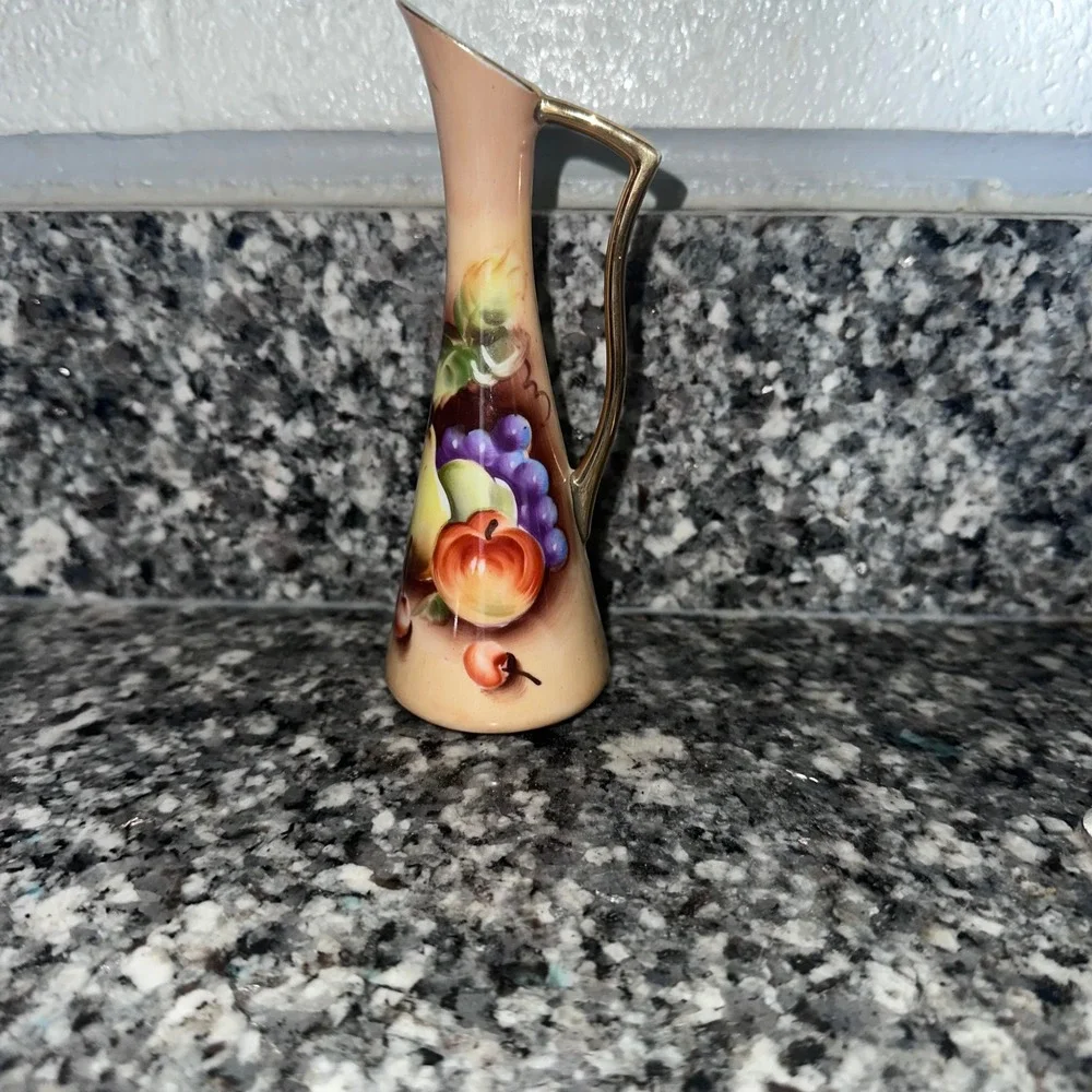 Lefton China Hand Painted Fruit Bud Vase Gold Handle NE2764 Vintage Japan Ewer